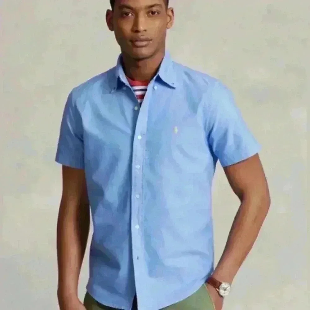 Polo Ralph Lauren Shirt Mens Large Blue Oxford Short Sleeve Cotton/Linen -*read